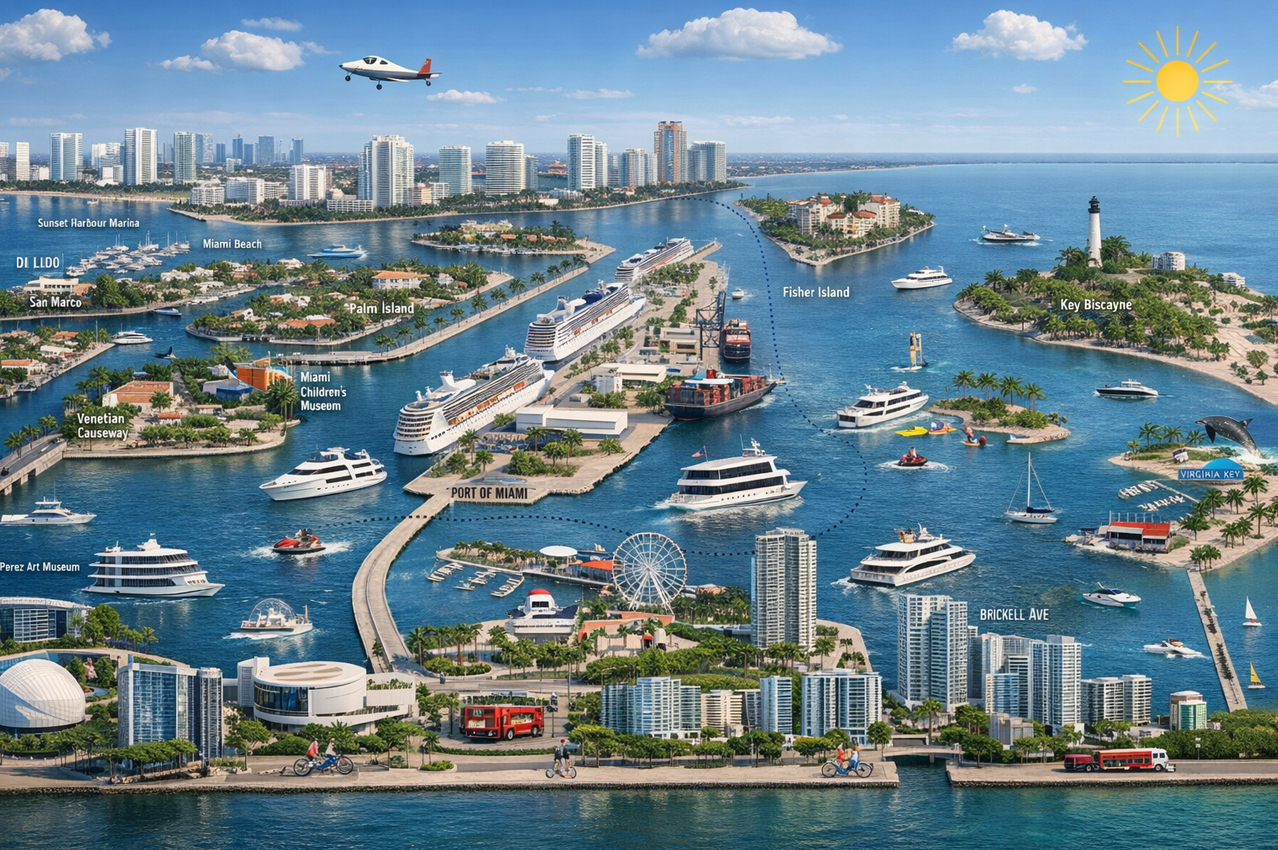 The Miami Magic City Cruises map of Biscayne Bay shows the route of each cruise.